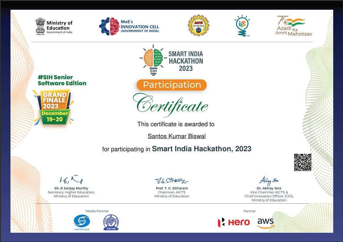 Smart India Hackathon Certificate